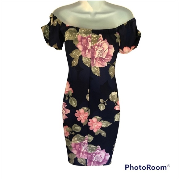 Olive Tree navy blue floral off the shoulder bodcon mini dress size small - Picture 5 of 7